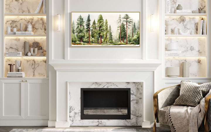 Woodlands Forest Watercolor Framed Canvas Wall Art above fireplace