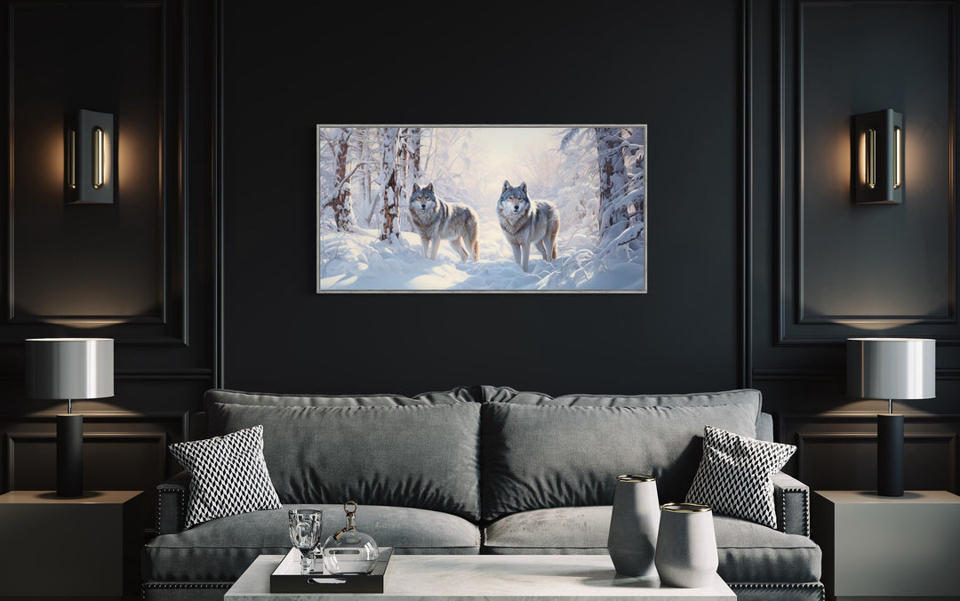 Wolves in Winter Forest Snow Photography Style Canvas Wall Art in living room