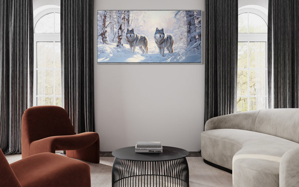 Wolves in Winter Forest Snow Photography Style Canvas Wall Art in living room