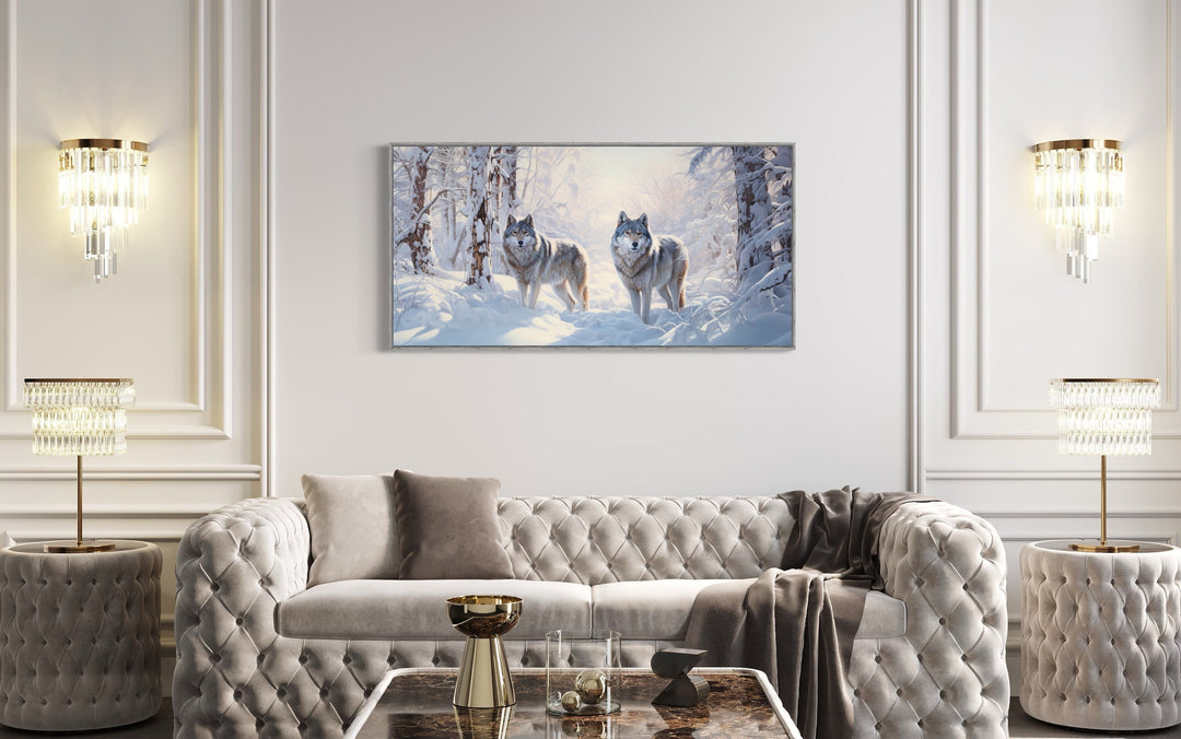 Wolves in Winter Forest Snow Photography Style Canvas Wall Art