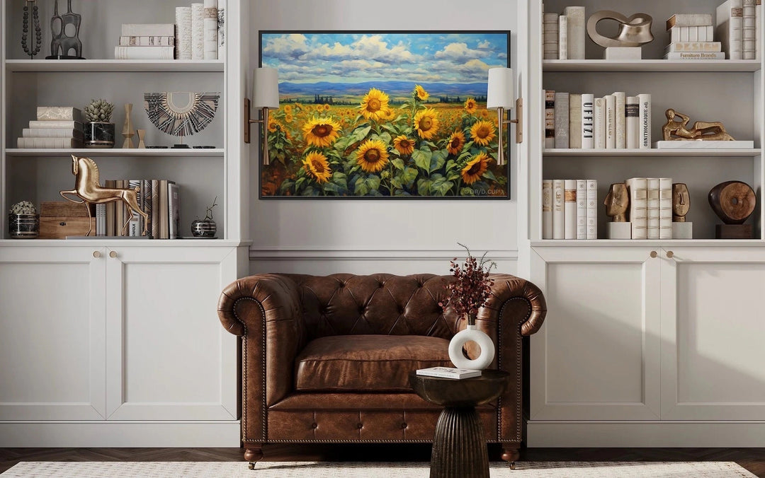 Traditional Ukrainian Sunflower Field Framed Canvas Wall Art in library