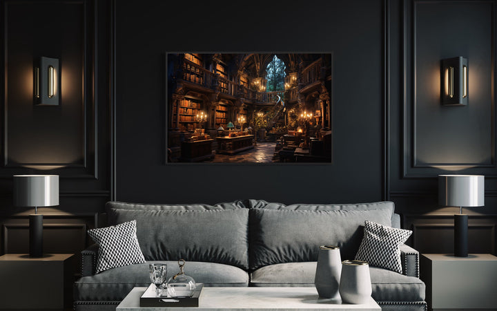 Antique Magical Library Painting Framed Canvas Wall Art in dark room