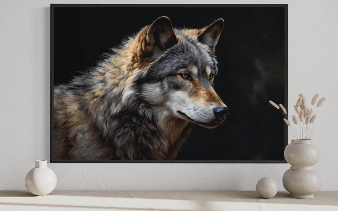 Grey Wolf Portrait Framed Canvas Wall Art close up