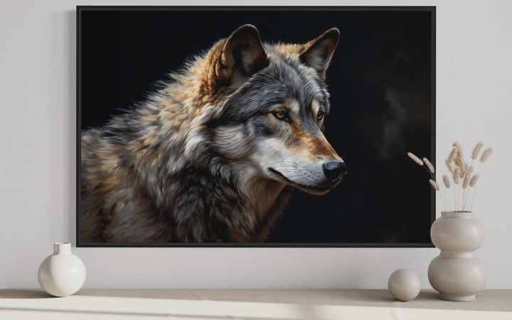 Grey Wolf Portrait Framed Canvas Wall Art close up