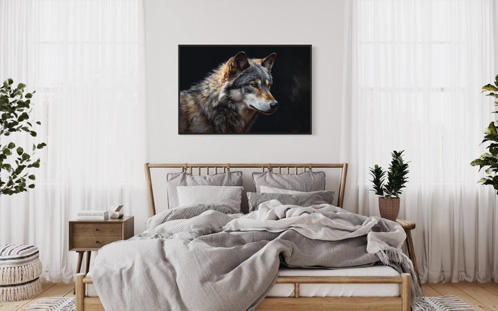 Grey Wolf Portrait Framed Canvas Wall Art above bed