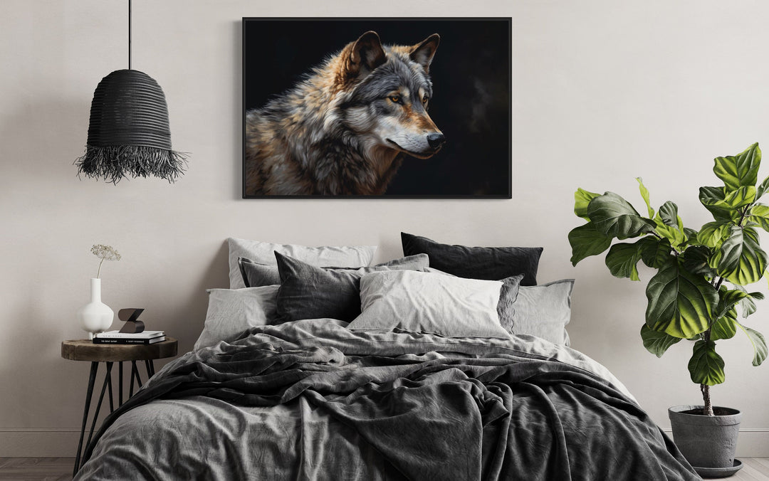 Grey Wolf Portrait Framed Canvas Wall Art above black bed