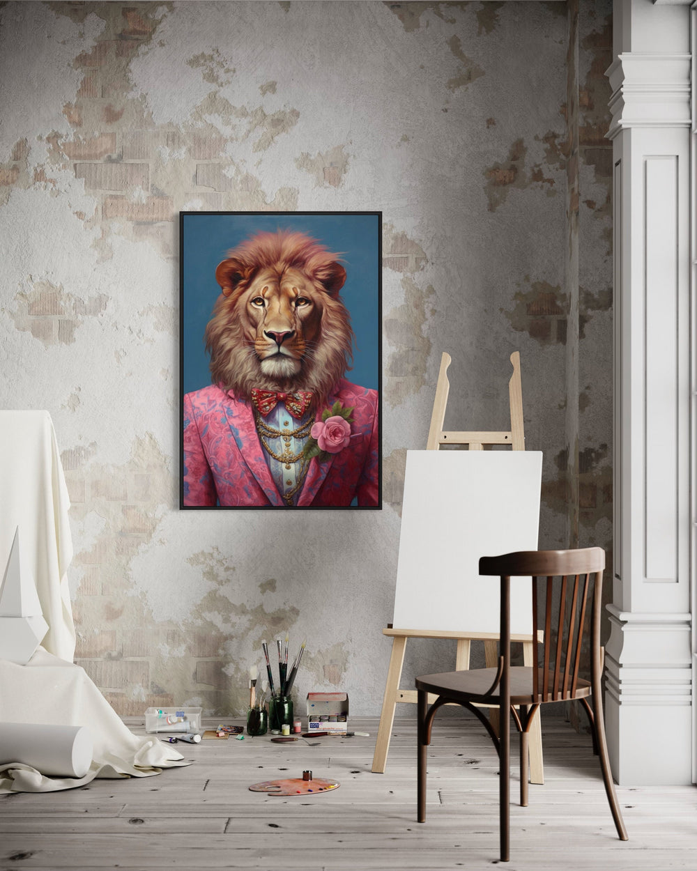 Lion in pink suit wall art