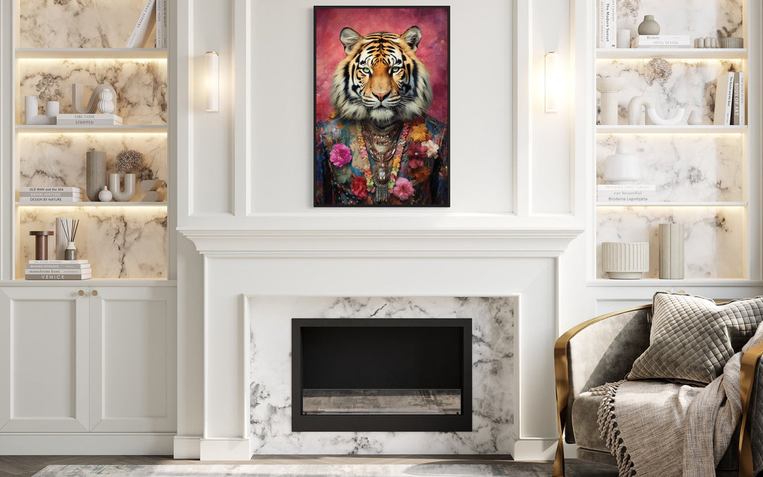 Whimsical Tiger In Pink Suit Fashion Framed Canvas Wall Art above fireplace