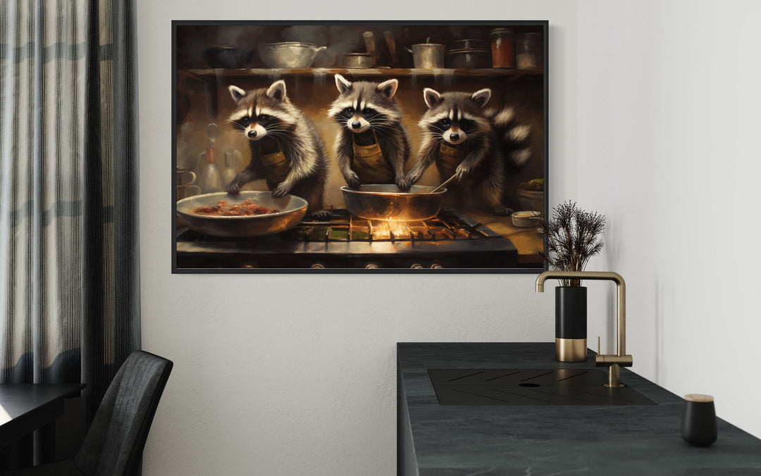Raccoons Cooking Funny Kitchen Framed Canvas Wall Art close up