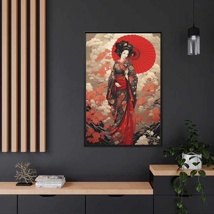 Ukiyo-e Style Geisha With Red Umbrella Framed Canvas Wall Art