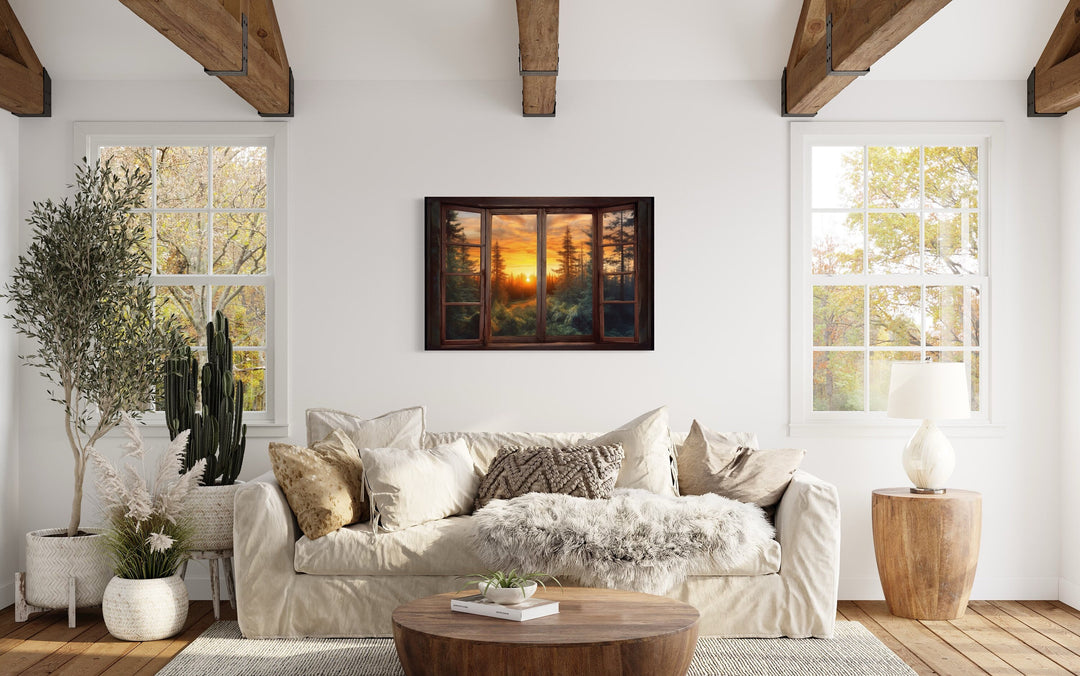 Forest View From Open Rustic Cabin Window Wall Art above beige couch