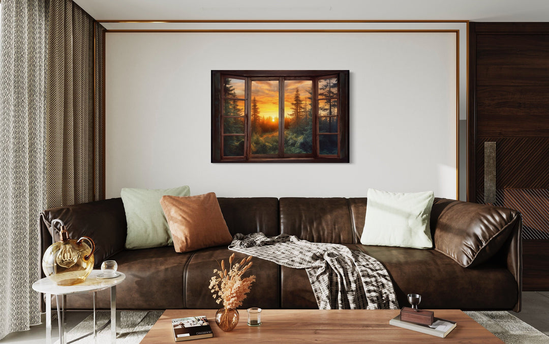 Forest View From Open Rustic Cabin Window Wall Art above leather couch