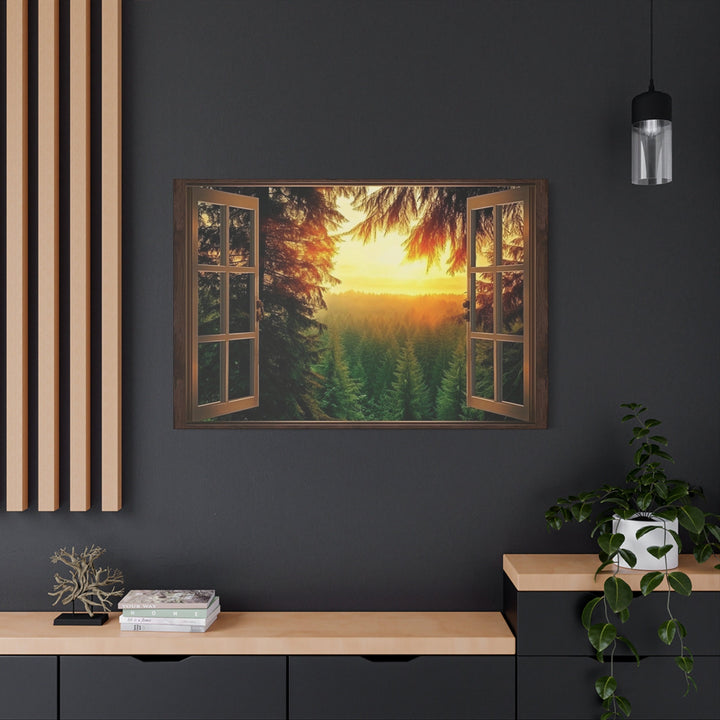 Fir Forest Sunrise Fake Window View Wall Art above table