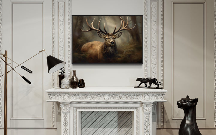 Elk With Big Antlers In The Forest Canvas Wall Art above fireplace