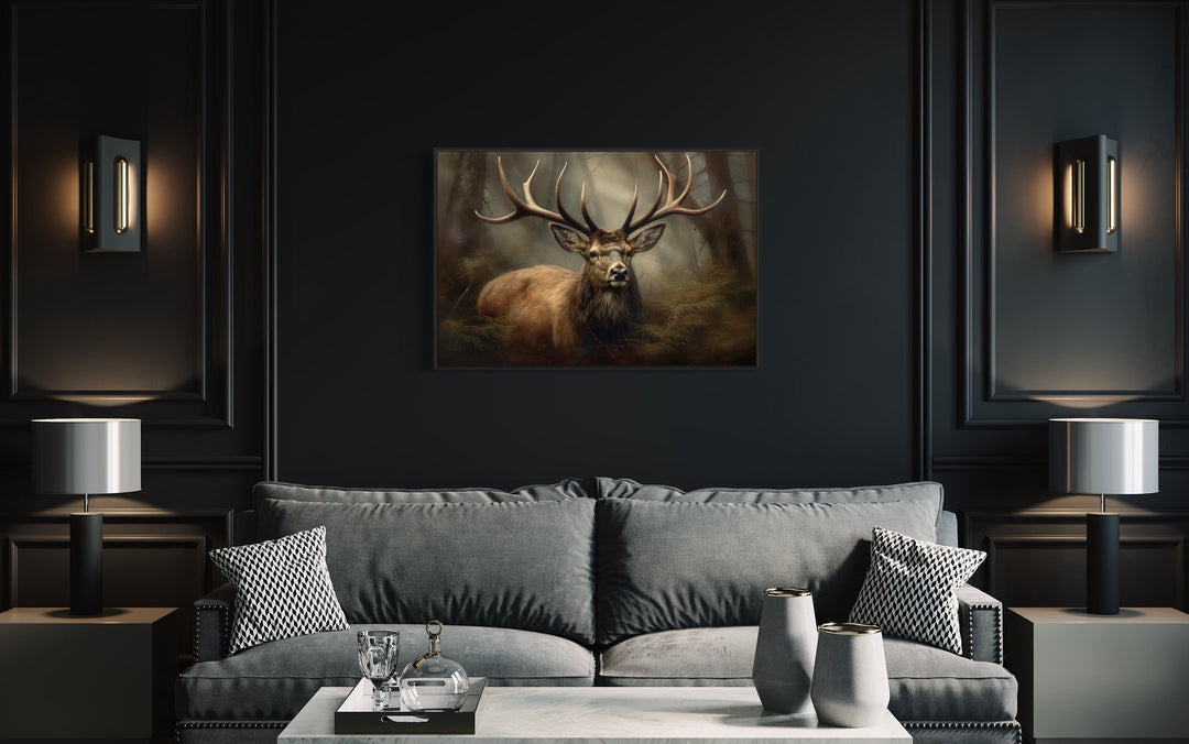 Elk With Big Antlers In The Forest Canvas Wall Art above green couch