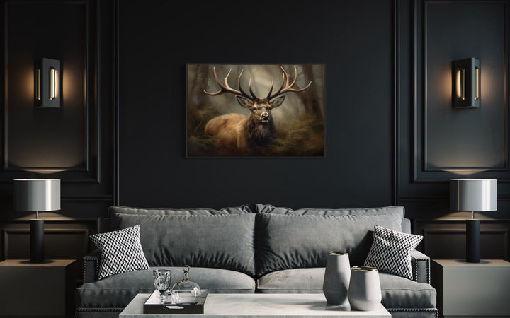 Elk With Big Antlers In The Forest Canvas Wall Art above green couch