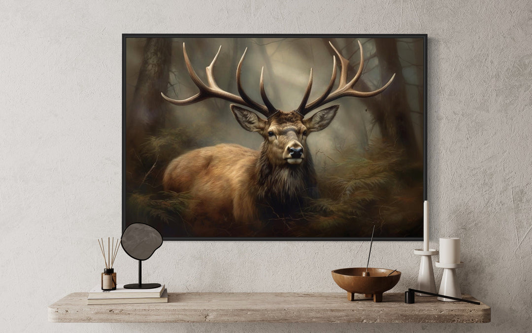 Elk With Big Antlers In The Forest Canvas Wall Art close up