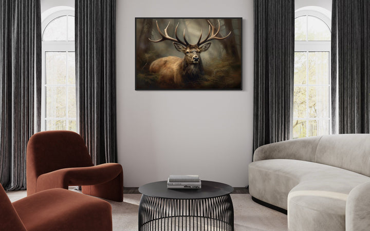 Elk With Big Antlers In The Forest Canvas Wall Art in modern living room