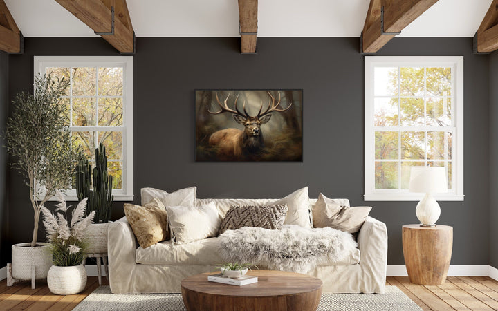 Elk With Big Antlers In The Forest Canvas Wall Art