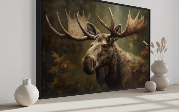 Moose With Antlers In The Forest Wall Art close up side view
