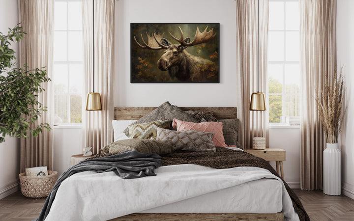 Moose With Antlers In The Forest Wall Art over bed
