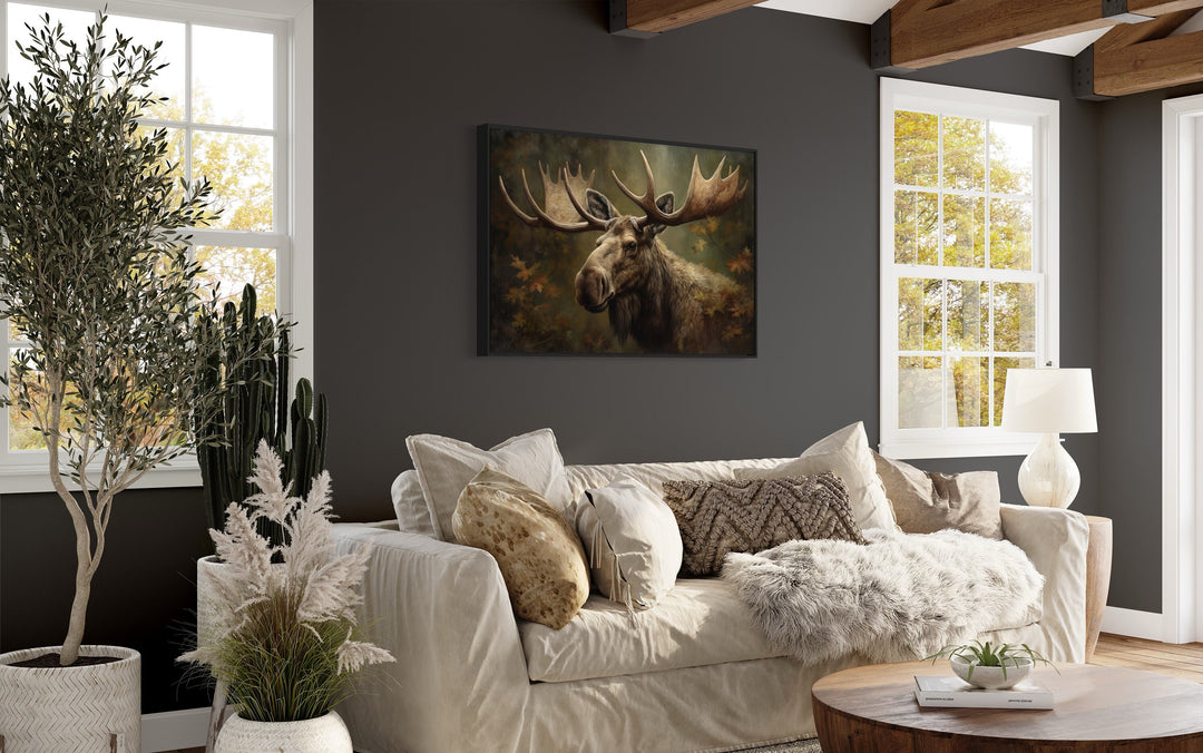 Moose With Antlers In The Forest Wall Art side view over beige couch