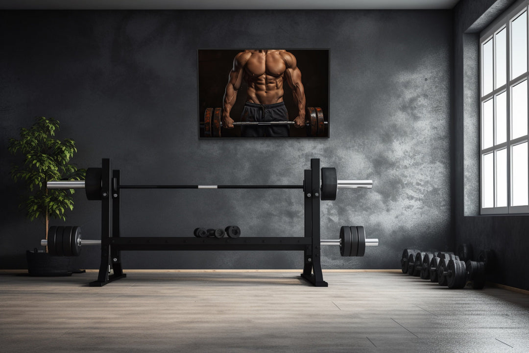 Athletic Man Lifting Barbell Motivational Home Gym Framed Canvas Wall Art in the gym