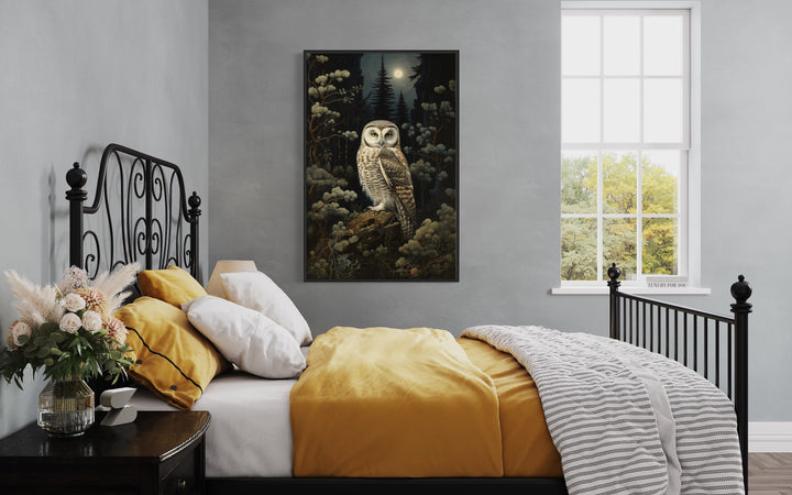 Owl in Haunted Forest Gothic Framed Canvas Wall Art in bedroom