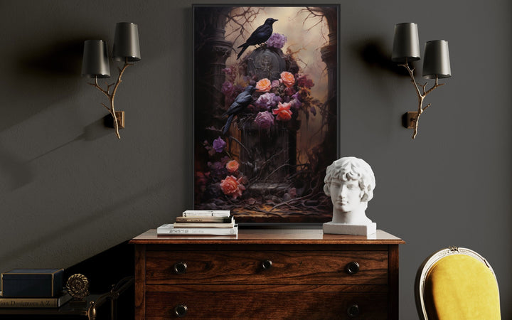 Ravens on Tombstone With Purple Flowers Gothic Framed Canvas Wall Art