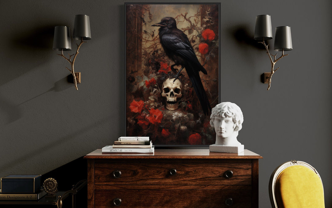 Raven On A Human Skull And Withered Flowers Gothic Framed Canvas Wall Art