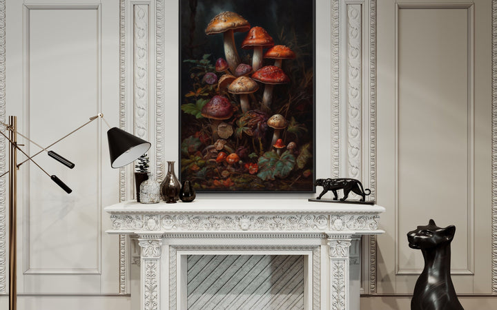 Vintage Mushrooms Dark Academia Canvas Wall Art above fireplace