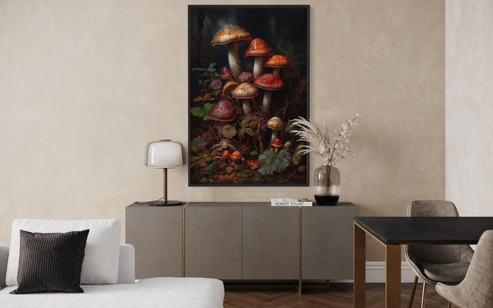 Vintage Mushrooms Dark Academia Canvas Wall Art in living room