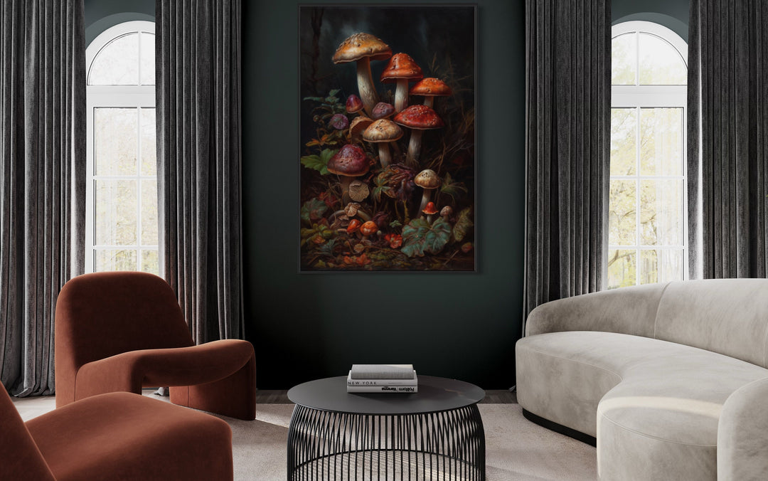 Vintage Mushrooms Dark Academia Canvas Wall Art in living room