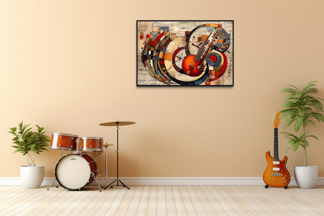 Jazz Musical Instruments Abstract Framed Canvas Wall Art in music room