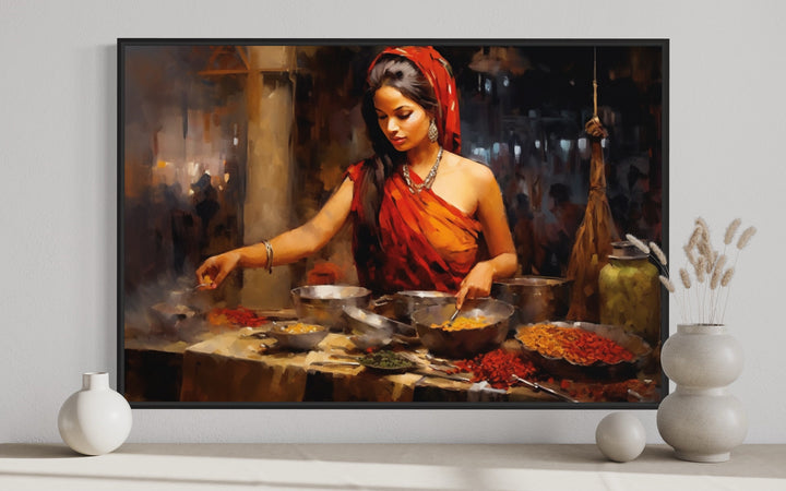 close up view of Indian Woman At Market Painting Indian Canvas Wall Art "Spice Bazaar"
