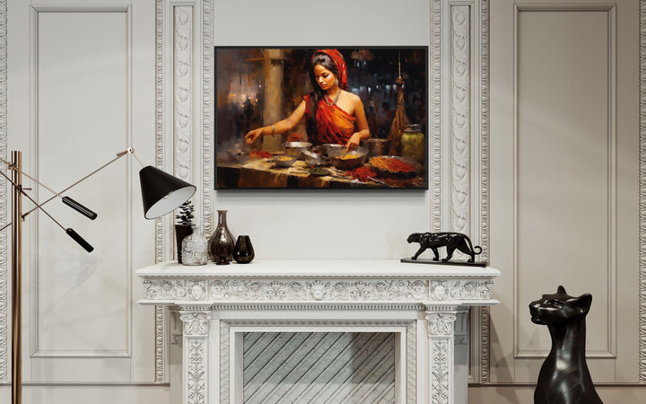 Indian Woman At Market Painting Indian Canvas Wall Art "Spice Bazaar" over modern white mantel