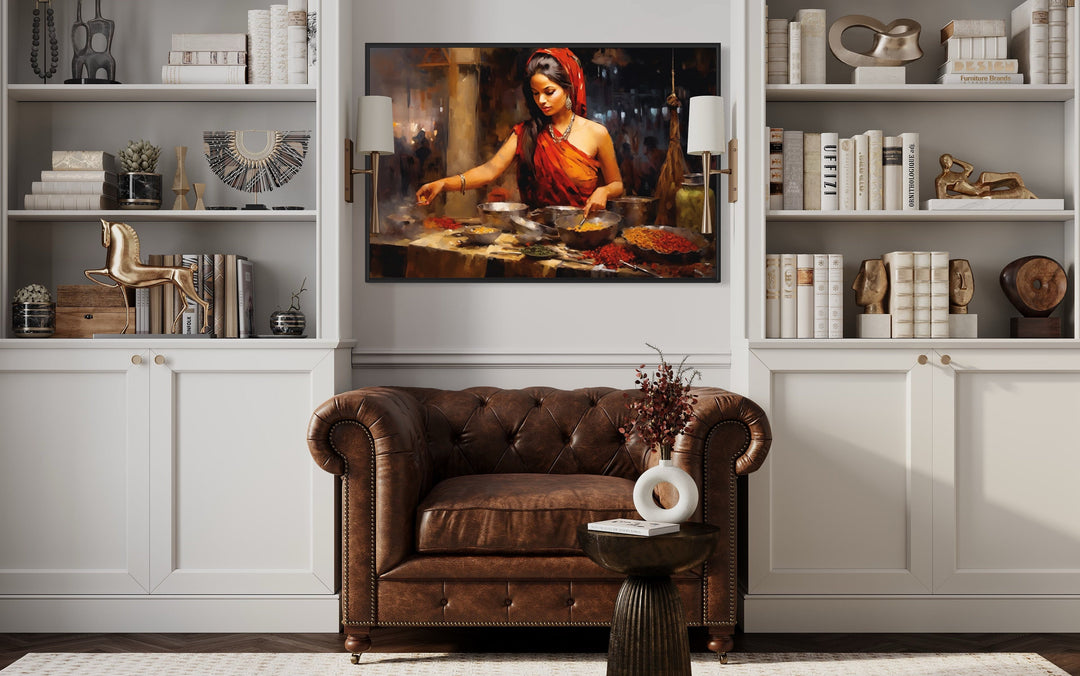 Indian Woman At Market Painting Indian Canvas Wall Art "Spice Bazaar" in modern library