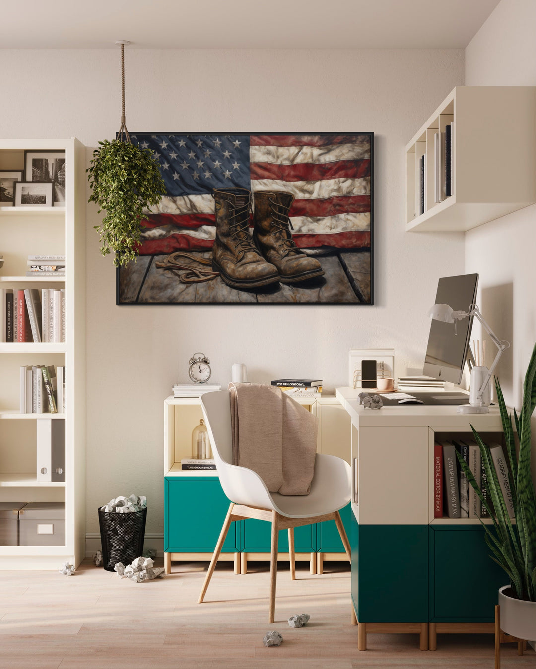 American Flag And Soldier Boots Military Patriotic Wall Art in the home office