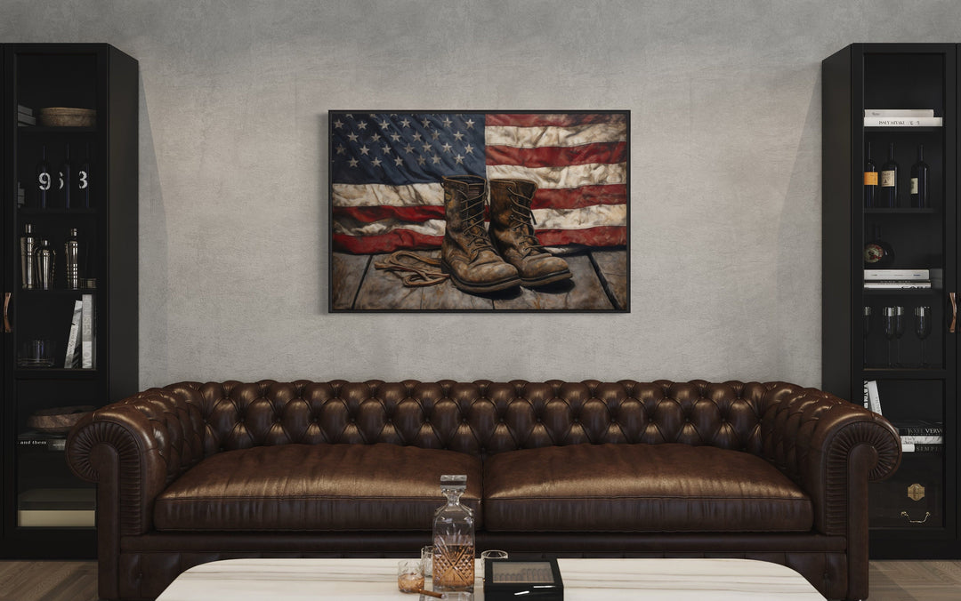 American Flag And Soldier Boots Military Patriotic Wall Art in man cave