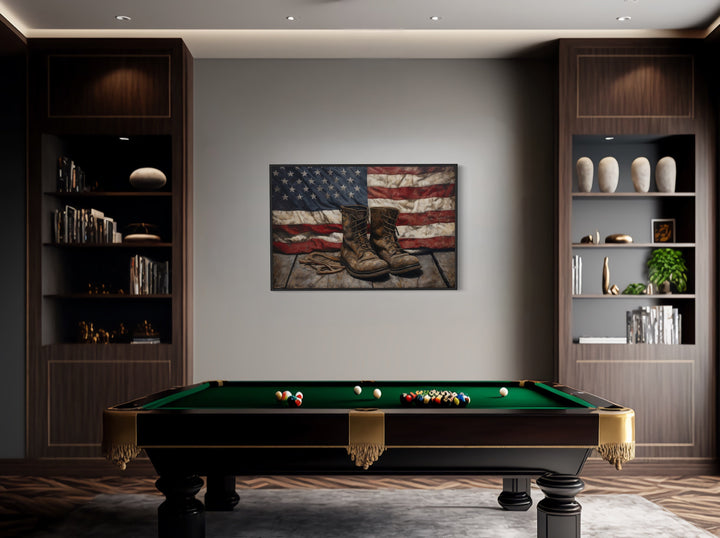 American Flag And Soldier Boots Military Patriotic Wall Art in billiards room