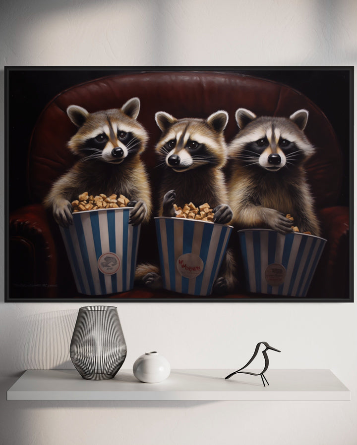 Raccoons In Movie Theater Eating Popcorn Home Theater Canvas Wall Art close up