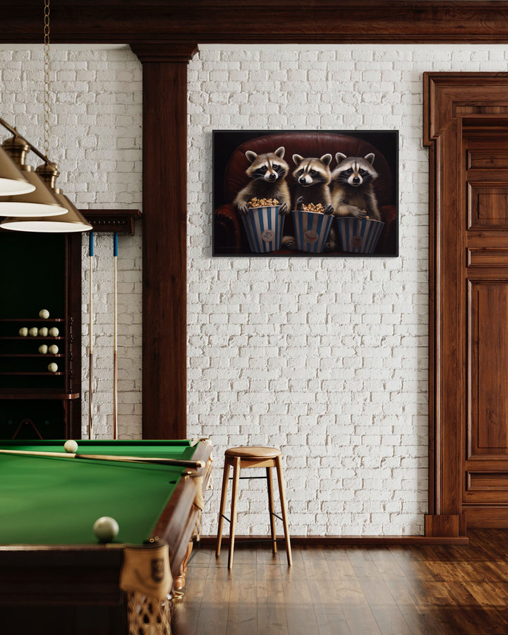 Raccoons In Movie Theater Eating Popcorn Canvas Print in man cave