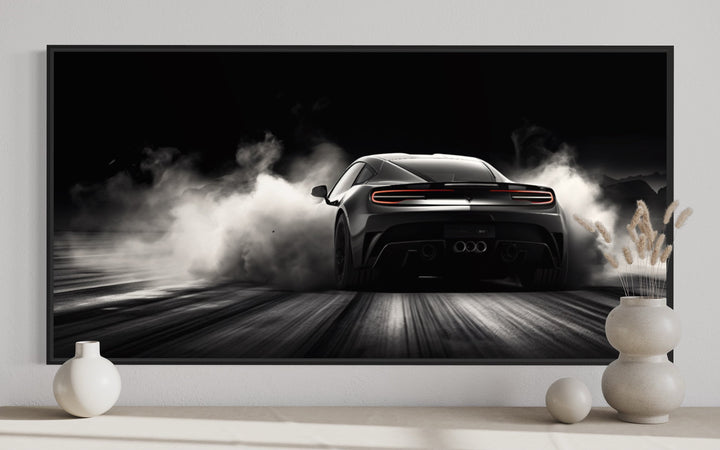 Black White Drifting Sports Car Framed Canvas Wall Art close up