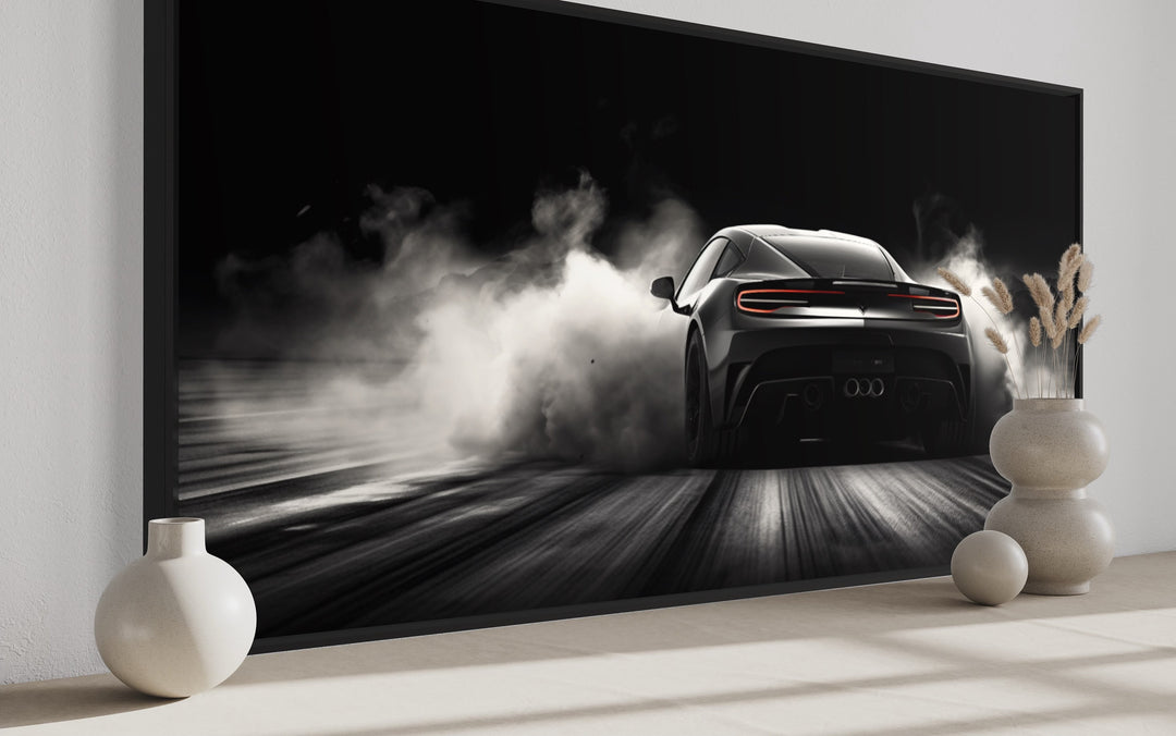 Black White Drifting Sports Car Framed Canvas Wall Art side view