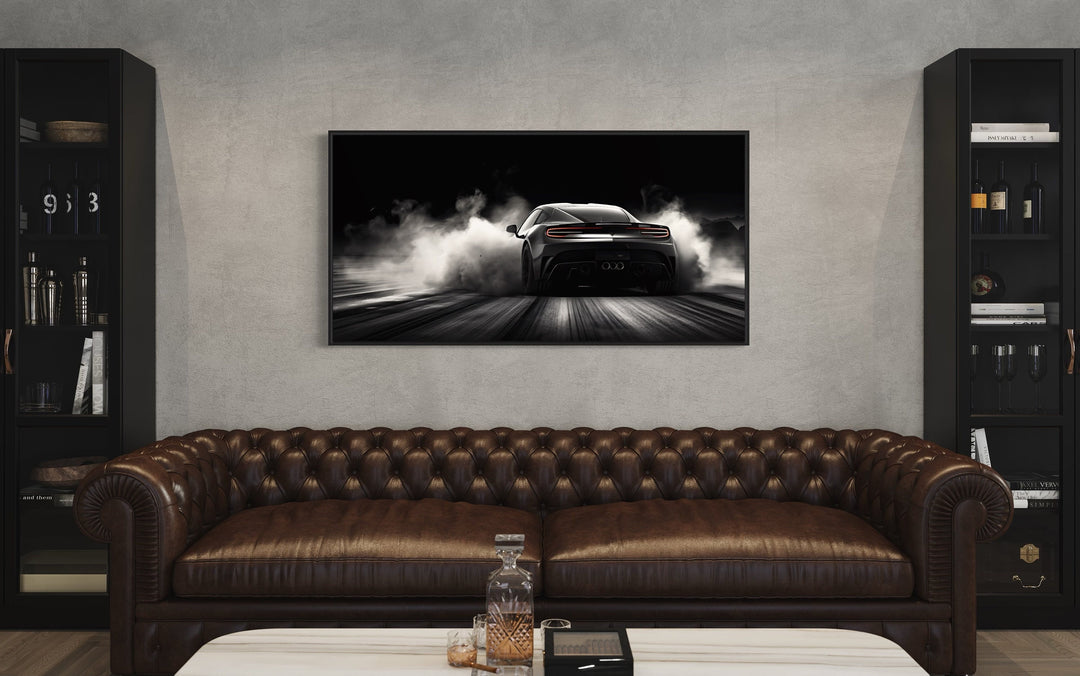 Black White Drifting Sports Car Framed Canvas Wall Art in living room