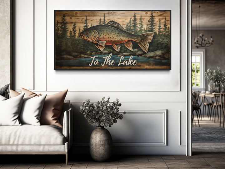 To The Lake Rustic Fishing Sign Framed Cabin Wall Decor in rustic cabin