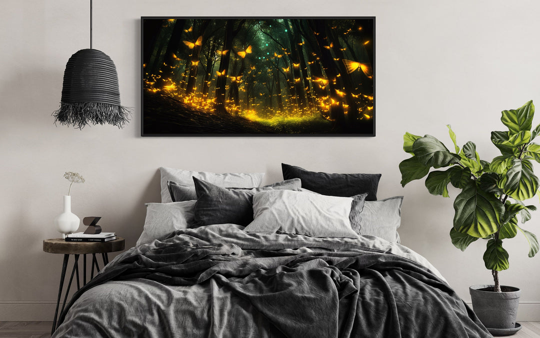 Fireflies In The Dark Forest Framed Canvas Wall Art above bed