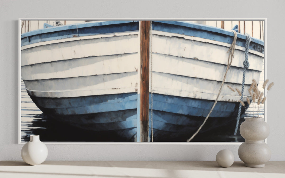 Blue White Rustic Boat Wall Art For Lake House close up