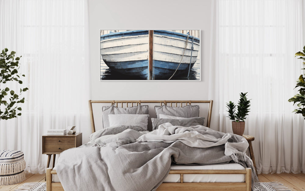 Blue White Rustic Boat Wall Art For Lake House above bed