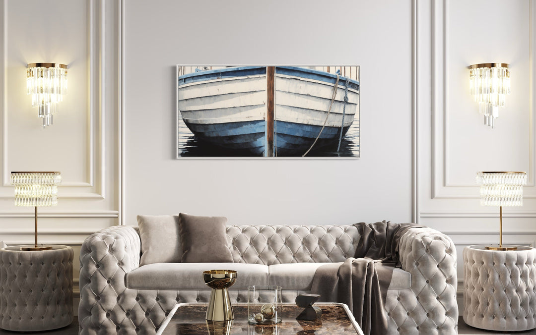 Blue White Rustic Boat Wall Art For Lake House above white couch